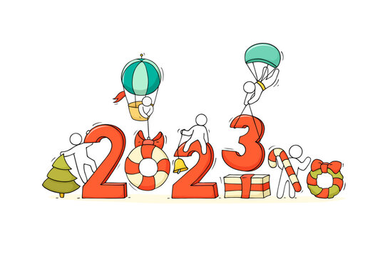 Happy New year 2023 banner with doodle people