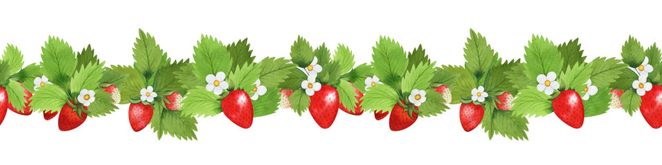 Seamless strawberry border. Hand drawn in watercolor. Healthy food. Vintage.