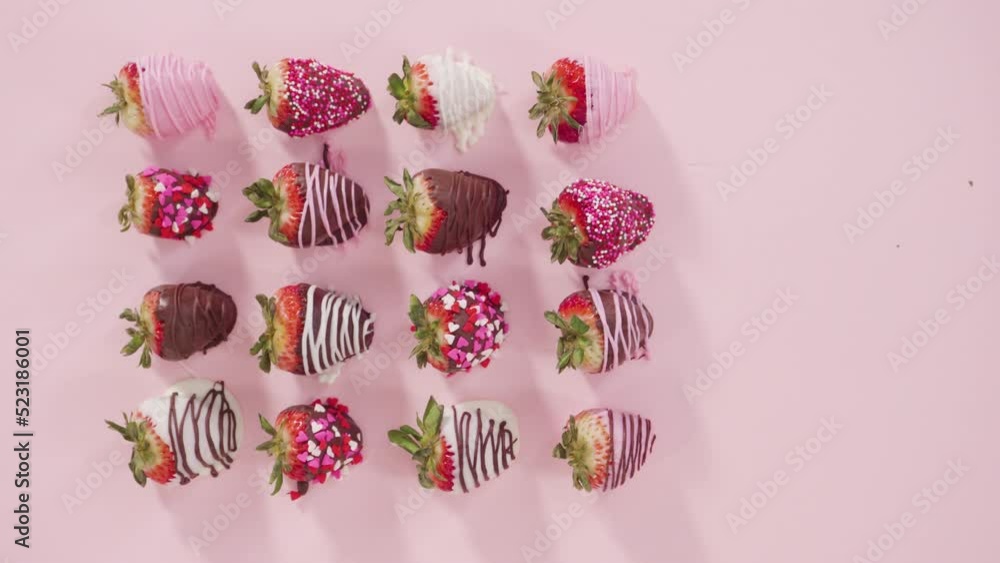 Poster flat lay. variety of chocolate dipped strawberries with bouquet of roses on a pink background.