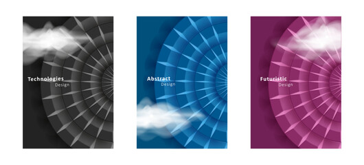 Set of posters with wheel decorative illustration and clouds. Vector illustration