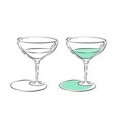Two types vermouth glass. Drink element. Black white and color object. Wineglass beverage. Hand draw simple sketch. Isolated illustration on white background in engraving style