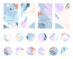 Fototapeta na wymiar Bundle of editable artistic insta story templates and highlights covers.Vector layouts with brush strokes and textures.Abstract IG backgrounds.Trendy design for social media marketing.Social media kit