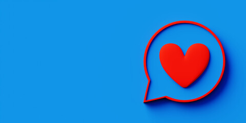 Blue background with a speech bubble with a red heart to express emotion of love and with copy space