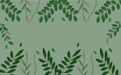 Abstract watercolor green background with watercolor leaves