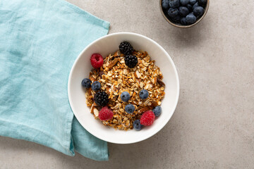 Top view of grains granola with fresh berries in bowl breakfast food