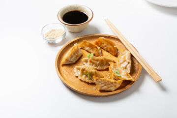 Close up of Fried dumplings gyoza with meat food on plate