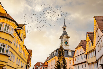 Marktplatz in Aalen, Ostalbkreis, mit Brunnen und historischem Rathaus in der Weihnachtszeit 
