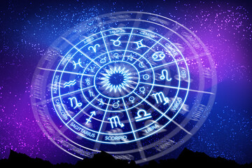 Zodiac circle on the background of the dark space. Astrology.