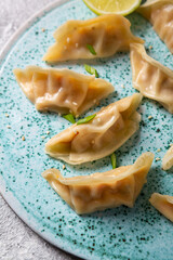 Steamed Gyoza or dumpling stuffed pork soy sauce, famous Chinese appetiser