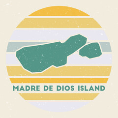 Naklejka premium Madre de Dios Island logo. Sign with the map of island and colored stripes, vector illustration. Can be used as insignia, logotype, label, sticker or badge of the Madre de Dios Island.