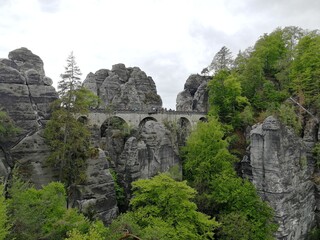 The Bastei bridge, Saxon Switzerland National Park, Germany,The Bastei is a rock formation rising...