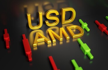 USD AMD currency pair on a black background, trading in the US dollar and Armenian dram on the forex market, 3d rendering