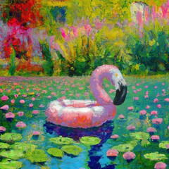 impressionist painting of an inflatable flamingo on a water lily pond, ai generated