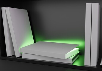An open glowing green color book on a bookshelf, the concept of knowledge in reading and learning, 3D rendering