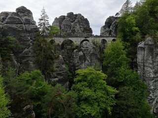 The Bastei bridge, Saxon Switzerland National Park, Germany,The Bastei is a rock formation rising...