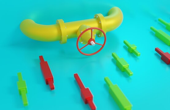 Gas valve on a yellow pipe with a graph of the rise and fall of Japanese candlesticks, the concept of political tension in the world, 3D rendering