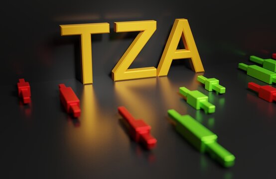 TZA sign on a dark background with candle chart, index trading on the market, 3D rendering