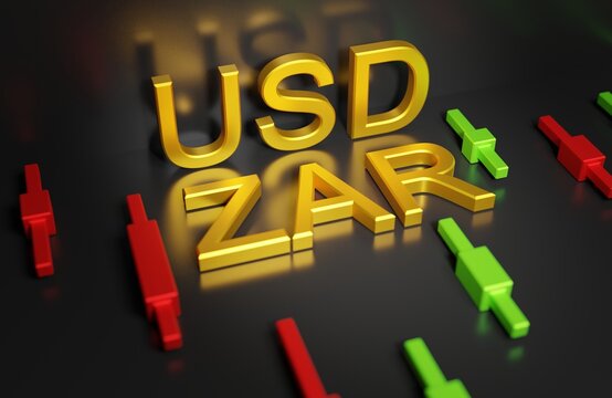 USD ZAR currency pair on a black background, trading in the US dollar and south african rand on the forex market, 3d rendering