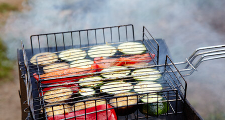 Tasty vegetables cooking on barbecue grill, outdoors. Roasted vegetables, closeup