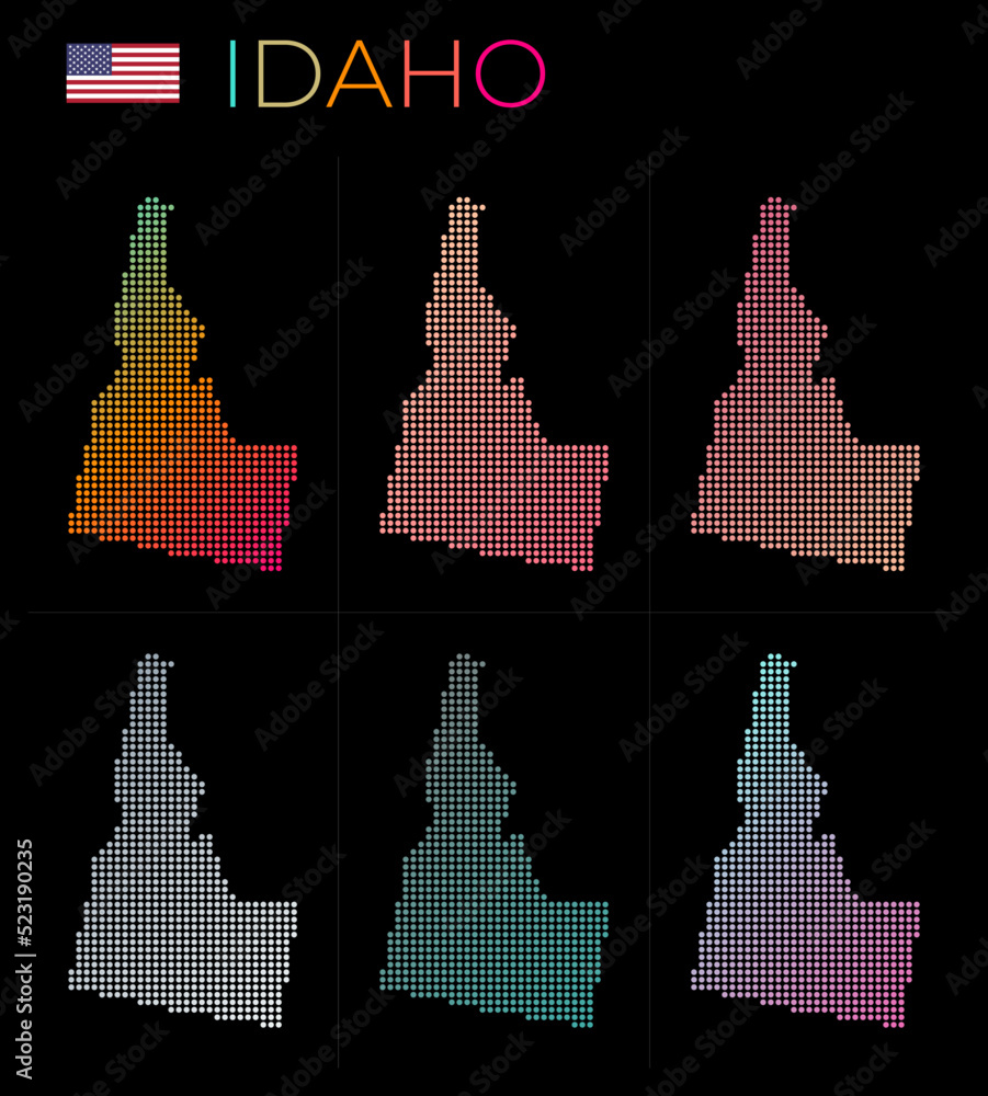 Poster idaho dotted map set. map of idaho in dotted style. borders of the us state filled with beautiful sm