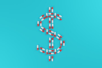 American dollar sign of red tablets or pills on a solid blue background, the concept of drug prices, 3D rendering