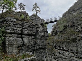 The Bastei bridge, Saxon Switzerland National Park, Germany,The Bastei is a rock formation rising...
