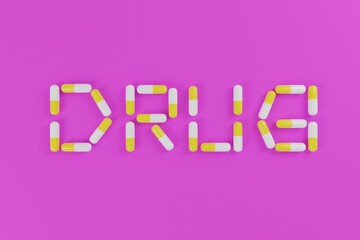 Inscription of drug from yellow tablets or pills on a solid pink background, 3D rendering