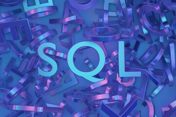 Sql letters on an abstract color blue purple background of scattered letters, 3D rendering