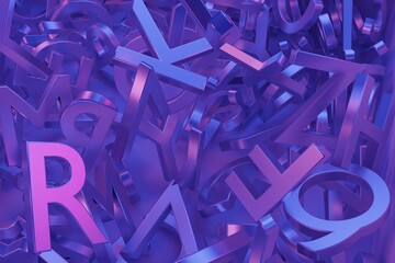 Fototapeta premium A lot of heap of colored three-dimensional letters, background in shades of blue and purple, 3D rendering, top view