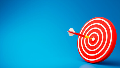 3d target board icon. Hit right on target. Red aim, arrow, Idea concept on blue background. 3d rendering illustration.
