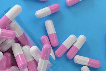 tablet on a light surface in glass box, multi-colored white-pink glossy pill lying on the table, medical background, 3D rendering