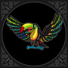 Colorful Toucan bird zentangle arts isolated on black background