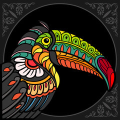 Colorful Toucan bird zentangle arts isolated on black background