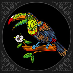 Colorful Toucan bird zentangle arts isolated on black background