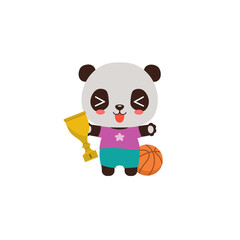 Animal athlete cartoon character sport player. Happy champion holding sport cup with basketball ball. Educational clipart. Fun panda cheerful schoolboy vector illustration flat design.