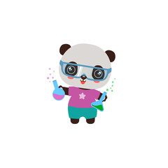 School student animal. Science school subject vector. Educational clipart. Teachers resources. Elementary student little panda holding test bottles chemical liquid. Science learning primary education.