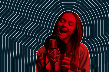 Pop art effect portrait of a girl singing with mic wit repeating outlines