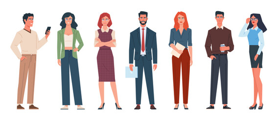 Fototapeta premium Business team of different gender, age and race standing on an isolated white background. Modern flat cartoon illustration