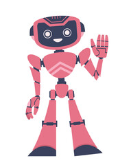 Cute robot waving his hand. Flat cartoon vector illustration on isolated white background