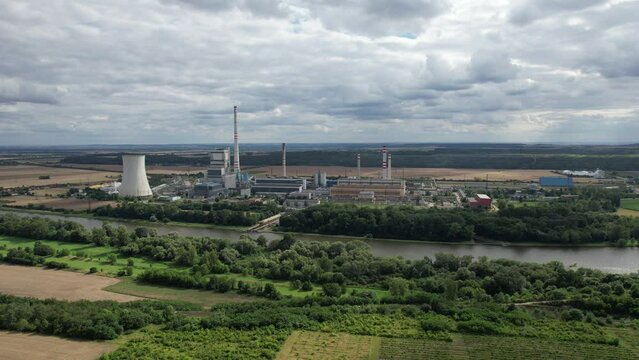 Power plant Melnik (Elektr&aacute;rna Měln&iacute;k),Tepeln&aacute; elektr&aacute;rna Měln&iacute;k, &Scaron;tět&iacute;,Liběchov,Horn&iacute; Počaply, Czech republic,Europe,aerial scenic panorama view
