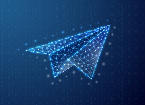 Paper airplane polygonal symbol with binary code background. Travel concept design illustration. Blue Aviation low poly symbol with connected dots