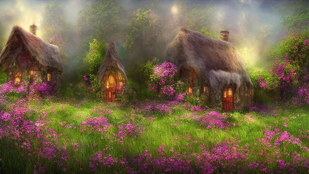 Little cottages among fantasy floral meadow
