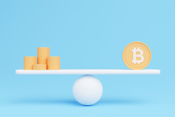 3D Bitcoin and cryptocurrency on the seesaw balance isolated blue background. Crypto value compare to dollar money, BTC, USD coin, 3D rendering.