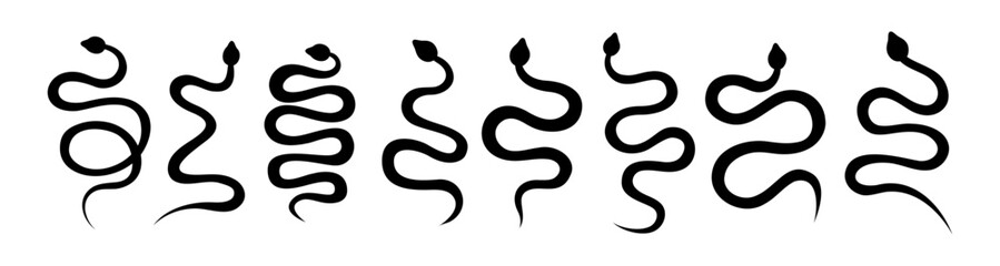 Set of black snake silhouettes. Dark hand drawn poisonous snakes. Black toxic reptiles. Dangerous exotic rattlesnakes symbol.