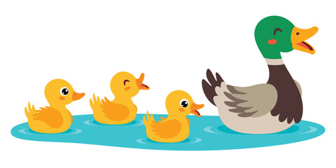 Cartoon Illustration Of Mother And Baby Ducks