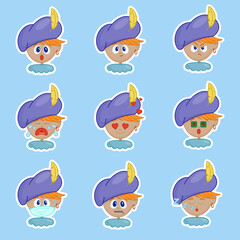 Set of cute Piet character with emotions. Vector illustration stickers of boy roetpiet, helper of Saint Nicholas. Dutch kids holiday character, roetveegpiet or schoorsteenpiet accompanies Sinterklaas