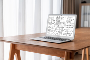 Mathematic equations and modish formula on computer screen showing concept of science and education