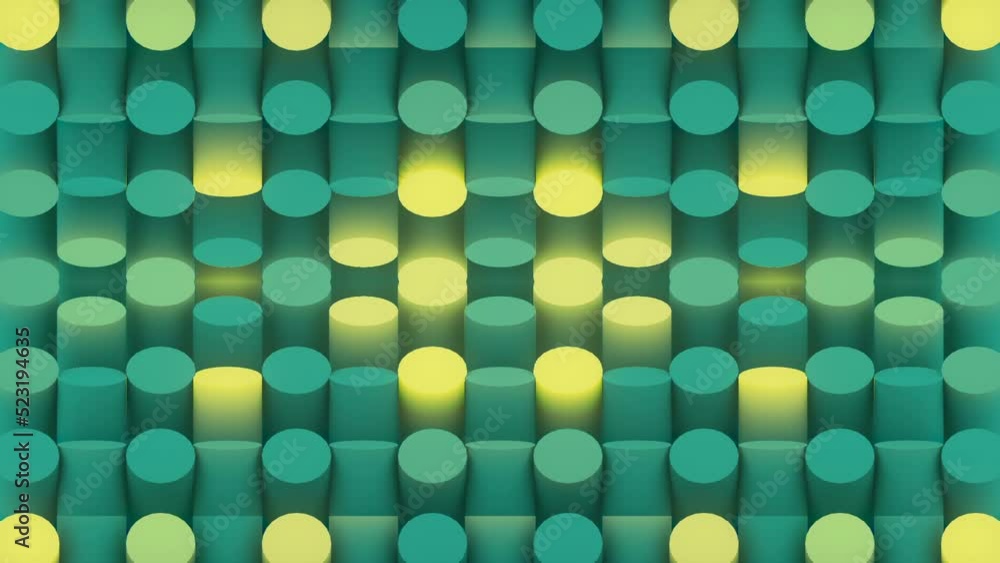 Poster Chaotically flashing cylinders moving in waves 3d render seamless loop animation