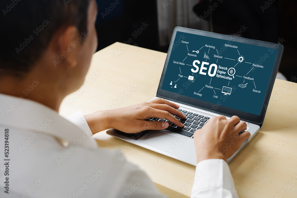 Poster seo search engine optimization for modish e-commerce and online retail business showing on computer 