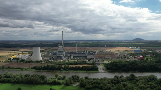Power plant Melnik (Elektr&aacute;rna Měln&iacute;k),Tepeln&aacute; elektr&aacute;rna Měln&iacute;k, &Scaron;tět&iacute;,Liběchov,Horn&iacute; Počaply, Czech republic,Europe,aerial scenic panorama view
